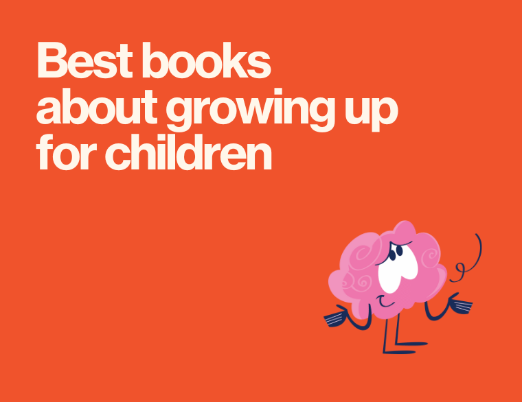 coloured background and title of post on childrens books about growing up