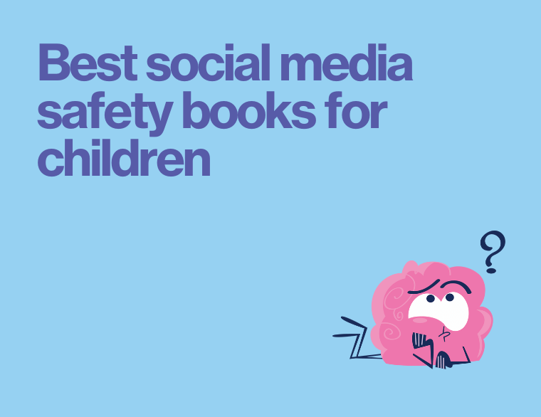 coloured background and title of post on books about social media safety for kids