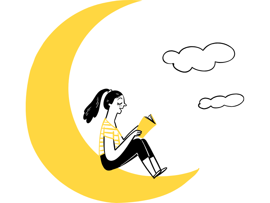 woman on moon reading sex education book
