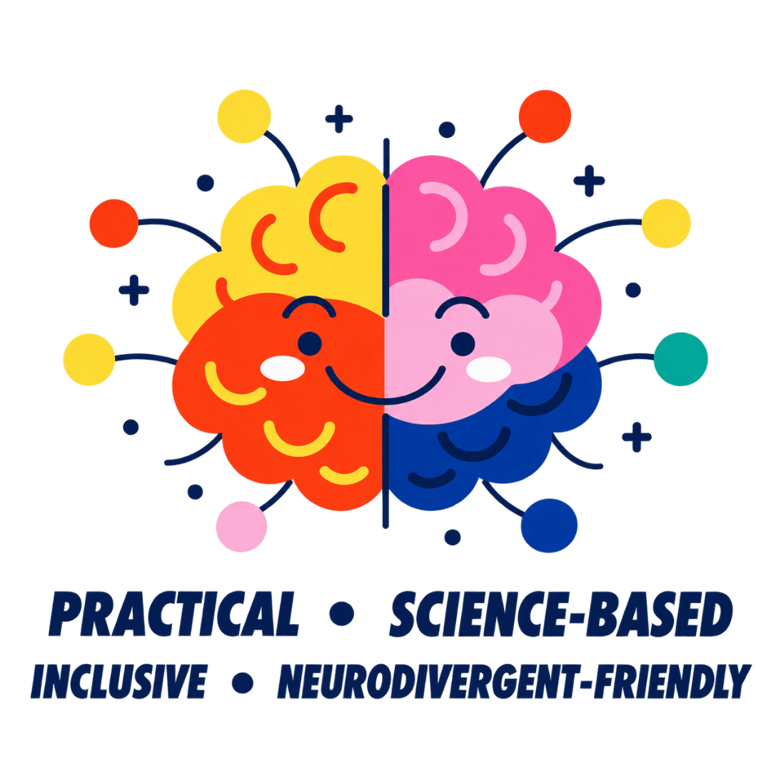 A colourful two-tone brain with the words Practical, Science-based, Inclusive and Neurodivergent-friendly