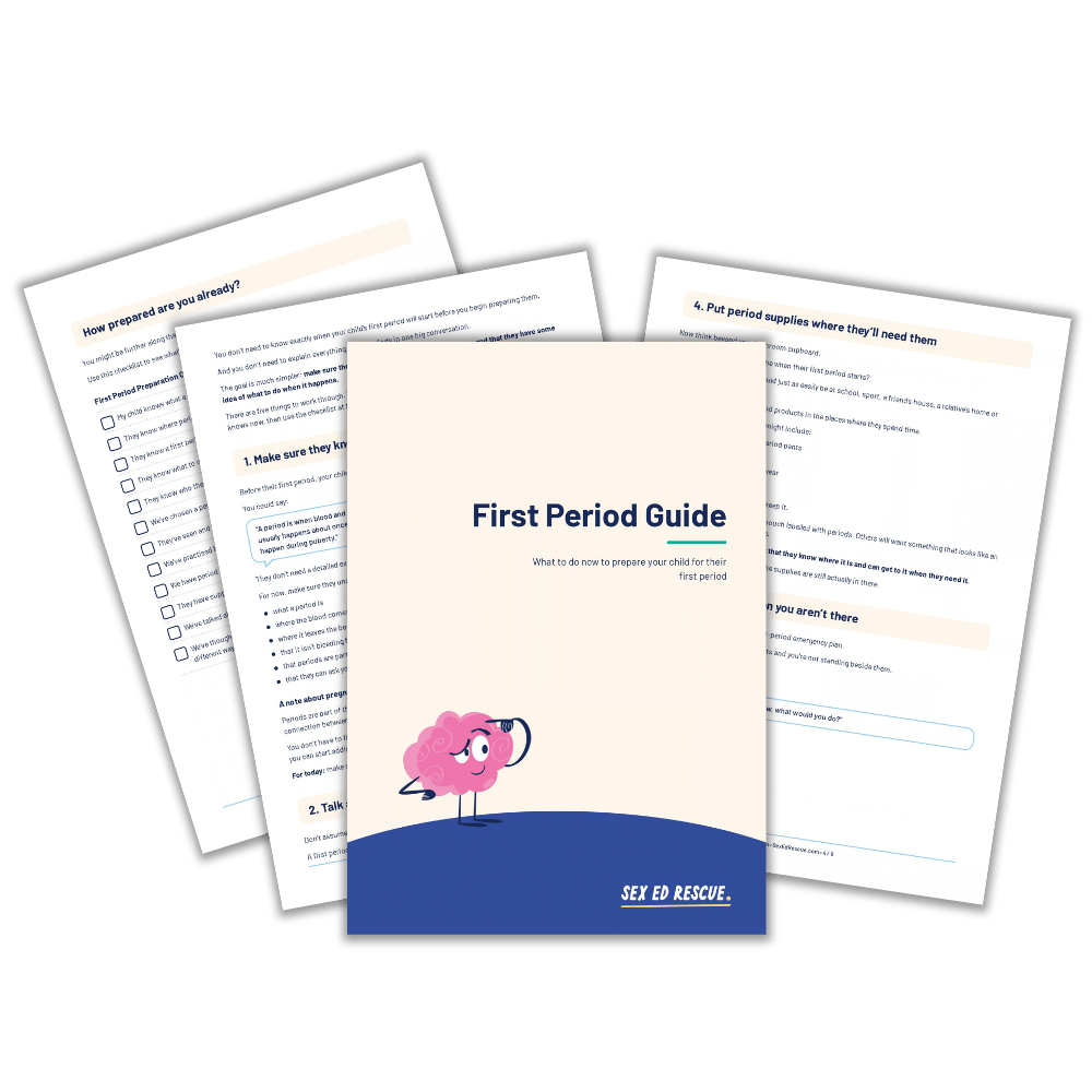 The First Period Guide cover with three sample pages fanned out behind it